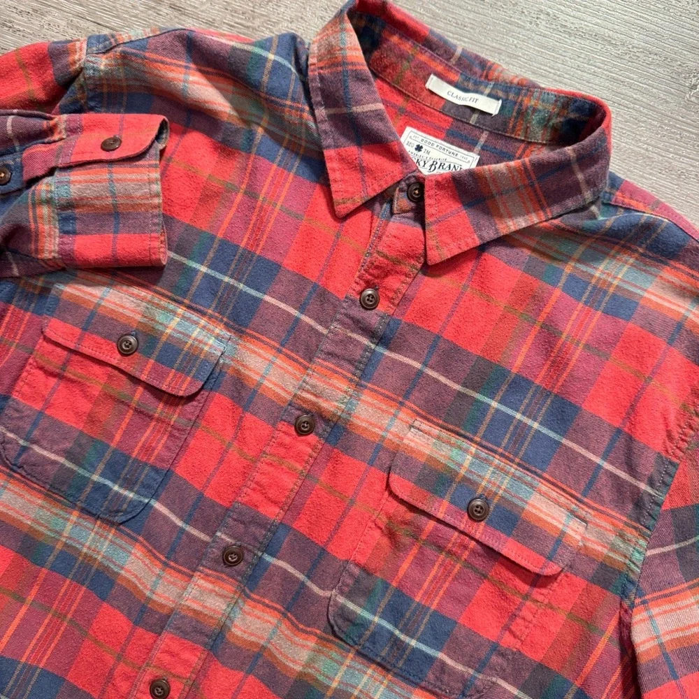 Lucky Brand Flannel Shirt Mens Large Red Plaid 100% Cotton Workwear Classic Fit